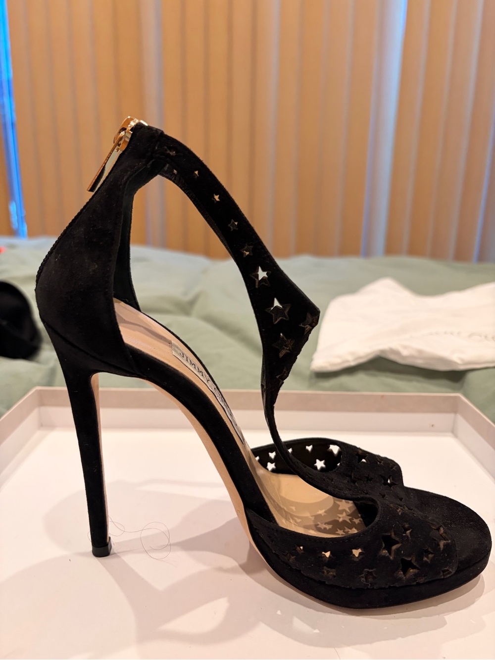 Jimmy Choo Black Star Cutout Suede T-Strap Stilettos - Picture 4 of 16